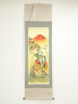 坂口玉峰筆　大黒天招財長寿図　肉筆絹本掛軸（共箱）